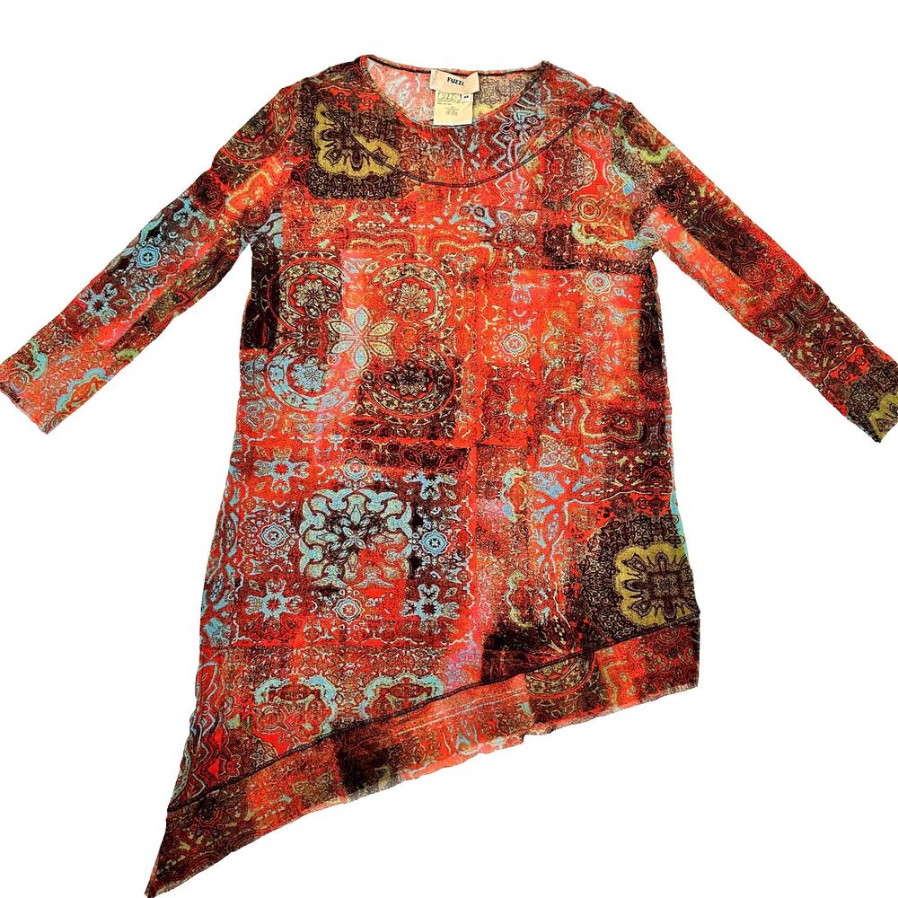 Fuzzi Women Asymmetrical Mesh Blouse Top Red Abstract Print SZ M Made in Italy